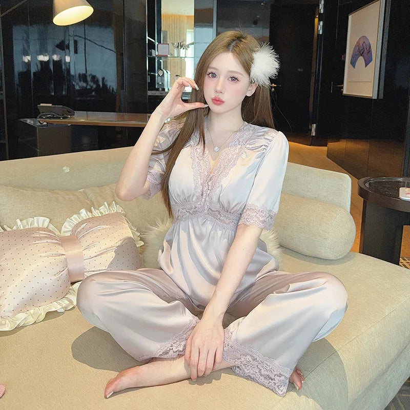 Silk Loungewear for Summer Pajamas Short Sleeve Sleepwear Women's Home Clothes 2Pcs Solid Color Homewear Suit Pijama Pyjamas