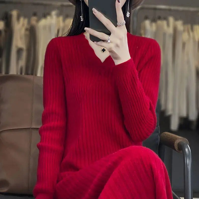 Knitwear Woman Clothes New Elegant Long Sweater Dress Slim V Neck Pullover Jumper Spring Autumn Woolen Dresses Female Bottom