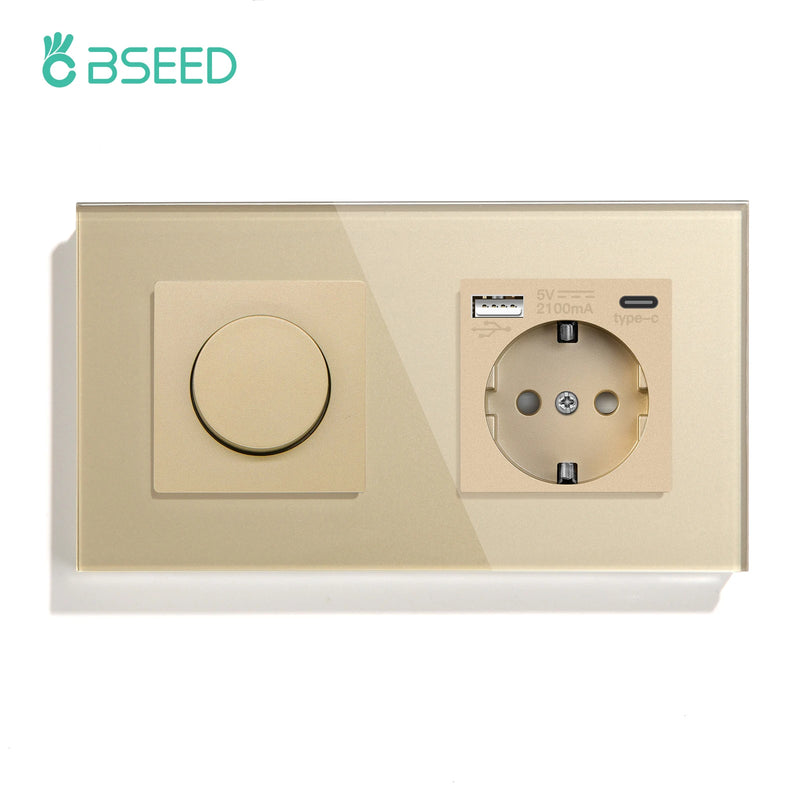 BSEED Mechanical Dimmer Light Switch Plus EU Socket USB Type-C Port Power Outlet Led Dimmable Switch Glass Frame 10A