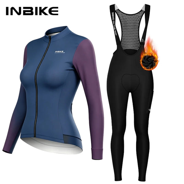 INBIKE Women’s Winter Fleece Thermal Cycling Set Long Sleeve Jersey and High Waist Bib Pants with Multi-Pockets for Road Bike