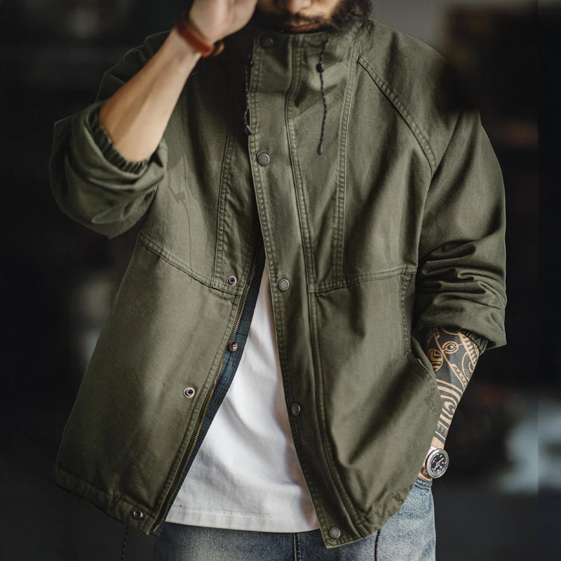 អាវធំ Maden បុរស Vintage M-65 Field Jacket ពណ៌បៃតងកប្បាស Zipper Army Coat Stand Collar Drawstring Windbreaker សម្រាប់រដូវផ្ការីក និងរដូវស្លឹកឈើជ្រុះ