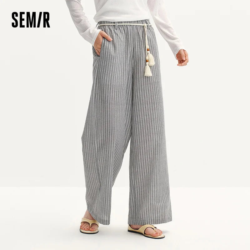 Semir Women Pants Striped 2026 Soft Drape Wide Leg Belted Urban Casual Everyday Style Soft Comfortable Daily Wear Trendy