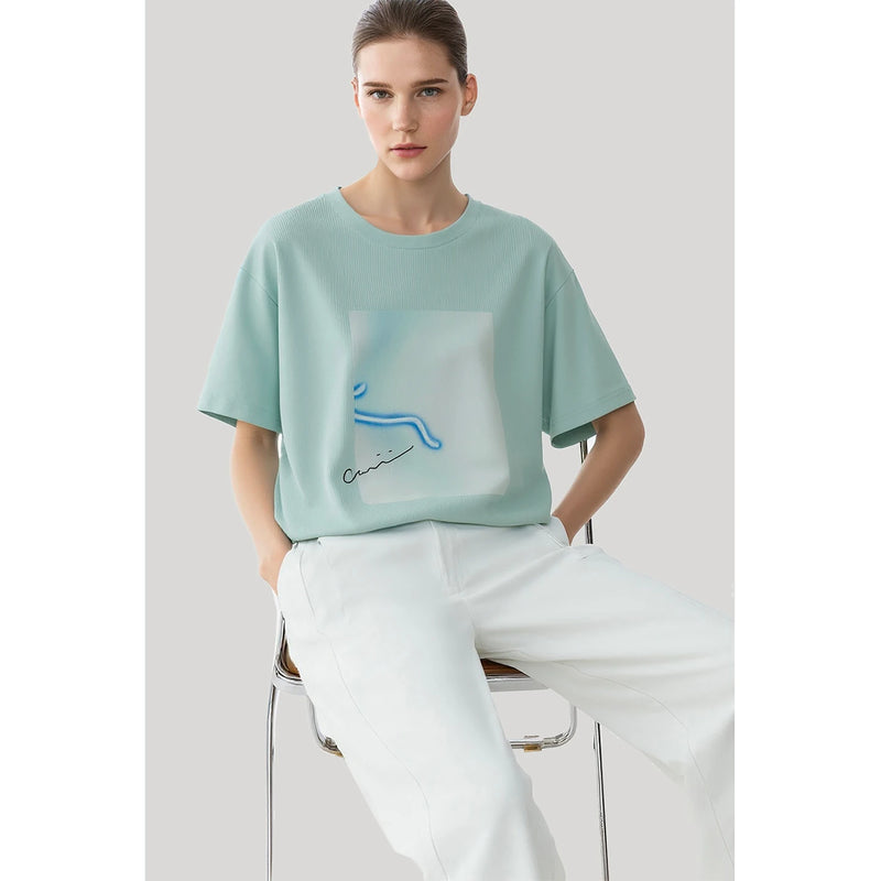 Amii T-shirt Women 2026 Summer New Printed Round Neck Cotton Tee Loose Casual Drop Shoulder Short Sleeve Tops Woman 12652008