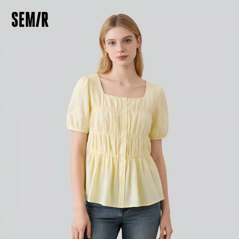 Semir Womens Shirt 2026 Short Sleeve Square Neck Puff Sleeve Cotton Slim Tops Elegant Style Soft Comfortable Daily Wear