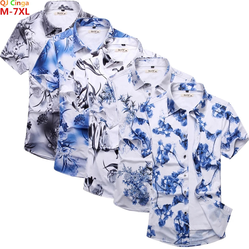 2026 Summer Men's White Short-Sleeved Printed Shirt, Blue Single-Breasted Lapel Shirts, Asian Sizes M-7XL.