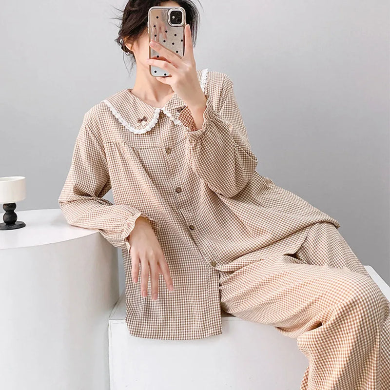 Autumn Sleepwear Plaid Print Pyjama Set 2 Pieces Loungewear Women Suit Long Sleeve Top with Elastic Pants Women's Nightwear
