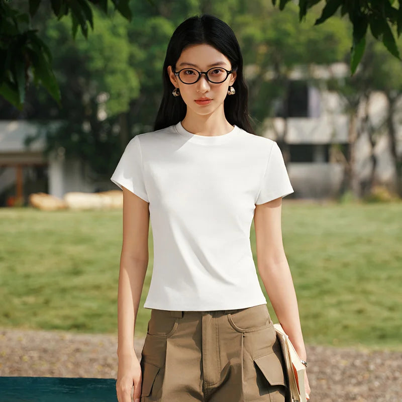 Semir Womens Tshirt 2026 Short Style Slim Regular Shoulder Crew Neck Versatile Cool Feeling Casual