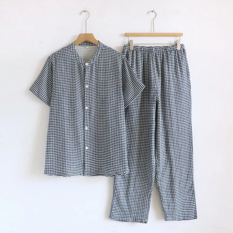 Plaid Sleepwear Clothes For Men's and Women's Cotton Summer Short Sleeved Long Pants Two-Piece Pajamas Set Couple Home Clothes
