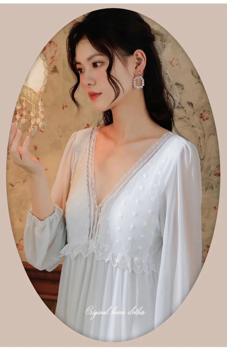 Palace Style Lace Princess Nightgowns Long Sleeved Mesh Night Dress For Women Spring Autumn V Neck Chest Pad Home Clothing