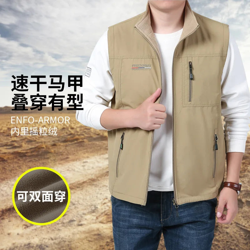 Men's Sleeveless Vest Jacket for Fall and Winter, Travel, Leisure, and Fishing Wear. Green, Khaki, Gray, Black, Red, Blue Coat.