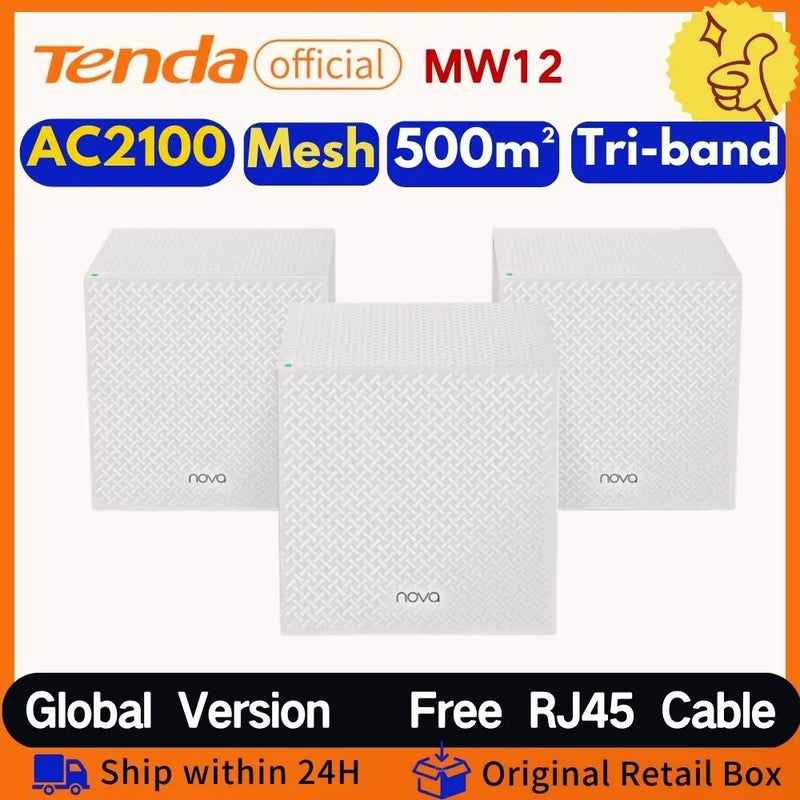រ៉ោតទ័រវ៉ាយហ្វាយ Tenda Mesh 2100Mbps MW12 Gigabit Dual Band Wireless Roteador AC2100 2.4&5GHz Network Mesh Range Extender គ្របដណ្តប់ 500m²