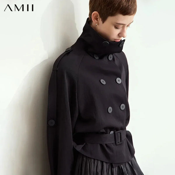 Amii Minimalism Short Trench Coat Women 2026 Autumn New Turtleneck Lapel Double Breasted With Belt Trendy Loose Jackets 12443105