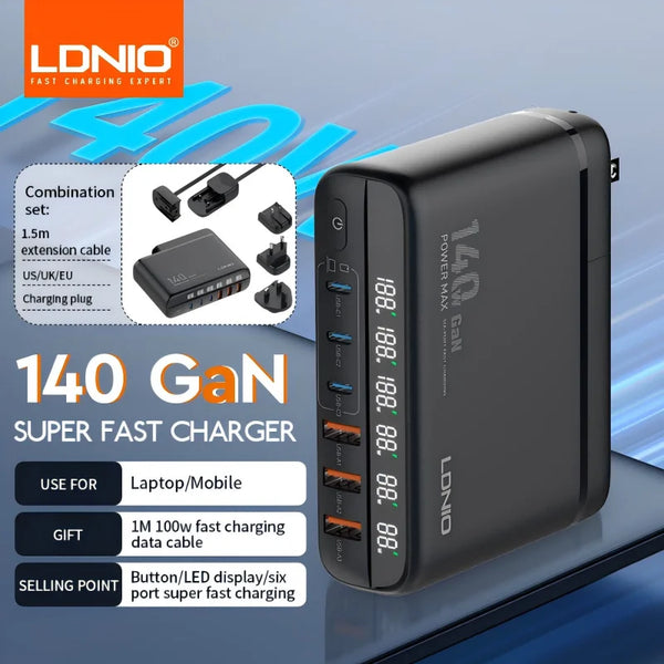 ឆ្នាំងសាក GaN USB C 140W ចំនួន 6 រន្ធ អេក្រង់ LED LDNIO សម្រាប់ធ្វើដំណើរ AU US UK EU Charging Station USB C Hub Block Wall Charger