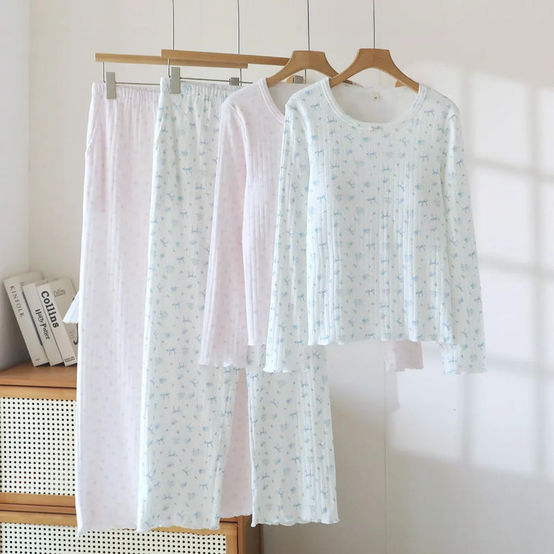 Cotton Women's Floral Pajamas Set 2 Piece Sleepwear Chest Pads Loungewear For Autumn Long Sleeves Trousers Home Clothing Set