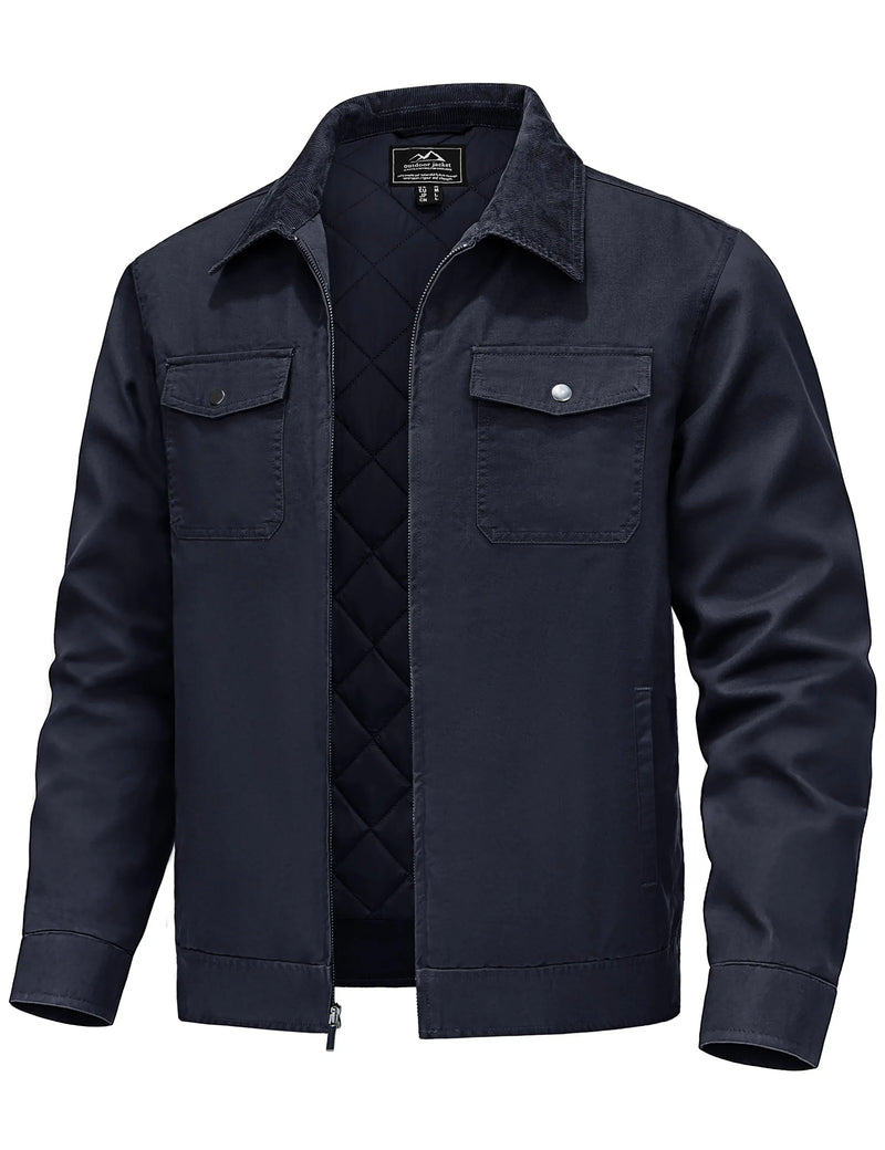 TACVASEN Quilted Cargo Jackets Lightweight Full Zip Corduroy Collar Jackets Cotton Casual Shacket Padded Coats with 5 Pockets