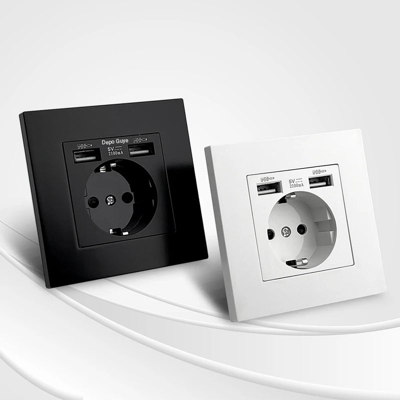 EU Standard Double USB Wall Power Socket,Electrical Socket Wall Plug with Type-c Usb Fast Charing Port 16A PC Panel Outlet 220V