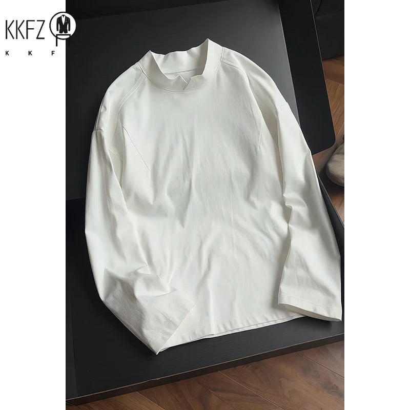 Mens Daily Wear Notched Mock Neck Long Sleeve Tee Solid Plain Fabric Loose Silhouette For Weekend Casual Gathering