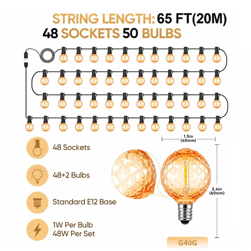 ចង្កៀងព្យួរជញ្ជាំង LED បែប Retro G40 ខ្សែ IP44 ធន់នឹងទឹក ធ្វើពីទឹកកក ពេជ្រ E12 កញ្ចក់ពណ៌លឿង ភ្ជាប់ខាងក្រៅ អំពូលតុបតែងសួនច្បារ