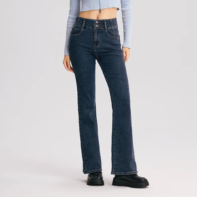 Semir Jeans Women High-Waist Flared Trousers Long Legs 2024 New Winter Fleece Floor-Sweeping Trousers