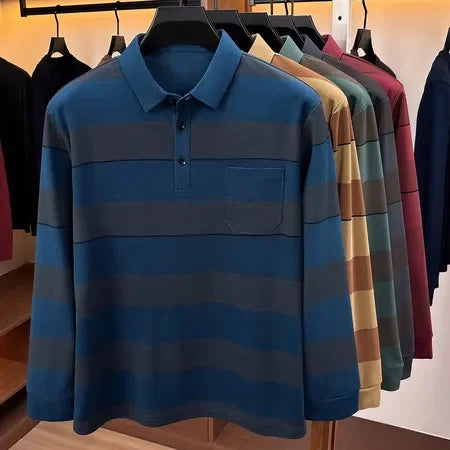 Business Casual Long Sleeve Striped Polo For Males Lapel Collar Soft Woven Fabric Neat Cut Travel Friendly Clothing