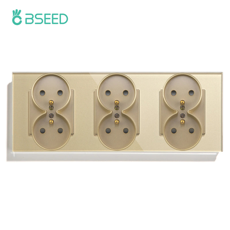 BSEED French Standard Single Wall Power Sockets Double Sockets Dual Electrical Outlets Glass Panel Children Protection 16A