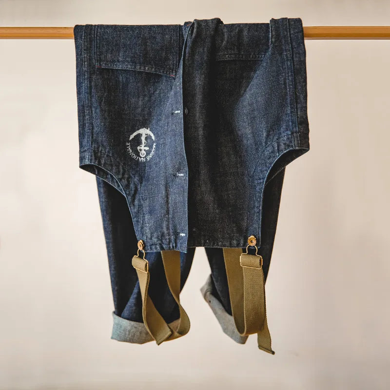 ខោ Maden Workwear ខោអាមេរិកាំង Vintage Deck Strap Pants និទាឃរដូវ និងរដូវស្លឹកឈើជ្រុះ Denim លាងត្រចៀកពណ៌ក្រហម ខោខូវប៊យជើងត្រង់ ម៉ូដបុរស