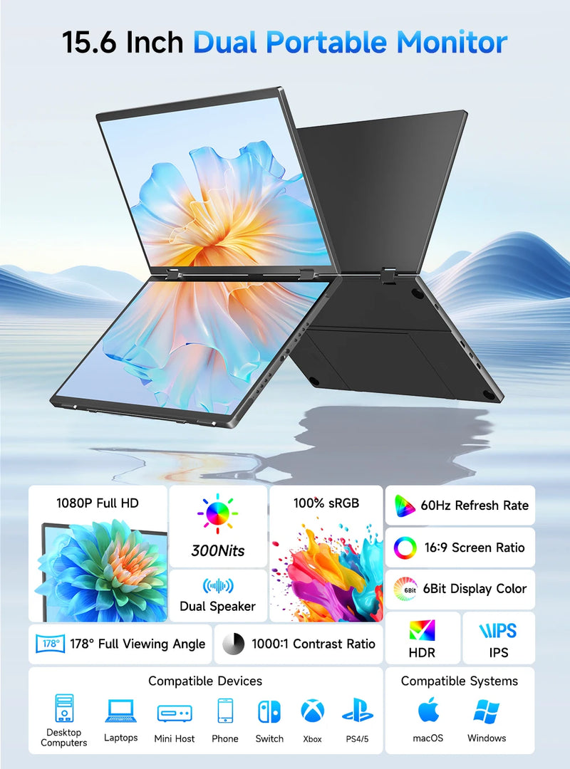 UPERFECT Dual Portable Monitor 15.6" 1080P FHD IPS Folding Stacked Triple Laptop Screen Extender Game USB-C Plug & Play Travel