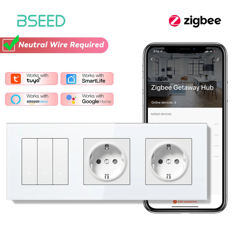 BSEED Zigbee Light Switch 1/2/3Gang 2Way Smart Click Button Switch Glass Panel White LED Indicator Tuya Smart Life Alexa Control