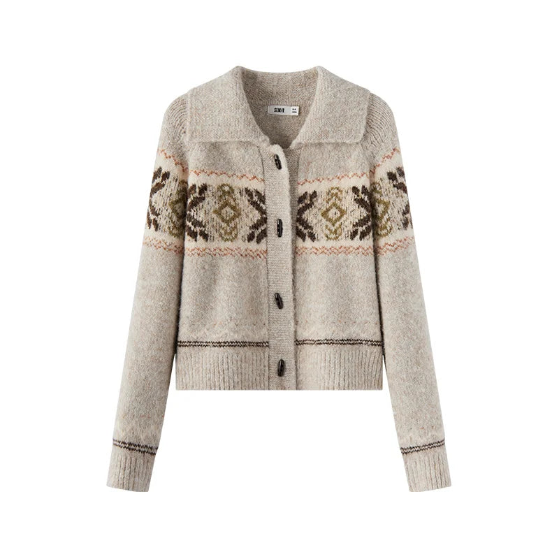 Semir Women Knit Cardigan Geometric Jacquard Loose Fit Raglan Sleeve Vintage Style 2026 New Winter Daily Wear Everyday Wardrobe