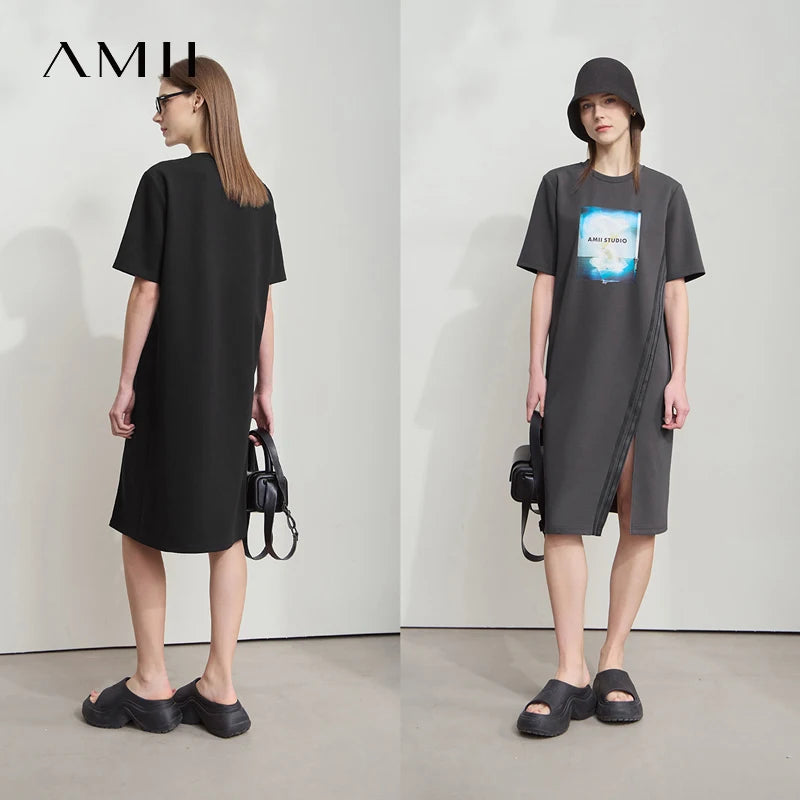 AMII Women Minimalist Summer Casual Dresses 2026 New Print Round Neck Short Sleeve Dress Lady Fashion Woman Clothes 12522003