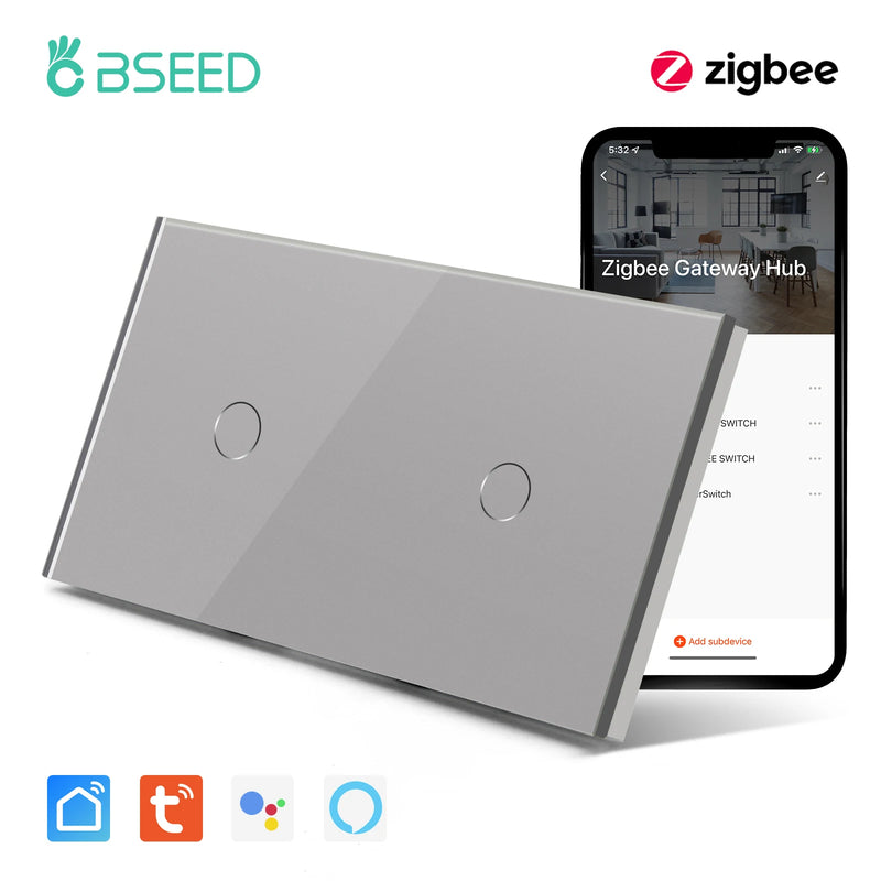 BSEED Zigbee Smart Switch 1/2/3Gang 1/2/3Way Smart Touch Light Switch Work With Tuya Smart Life Blue Backlight No Neutral Line