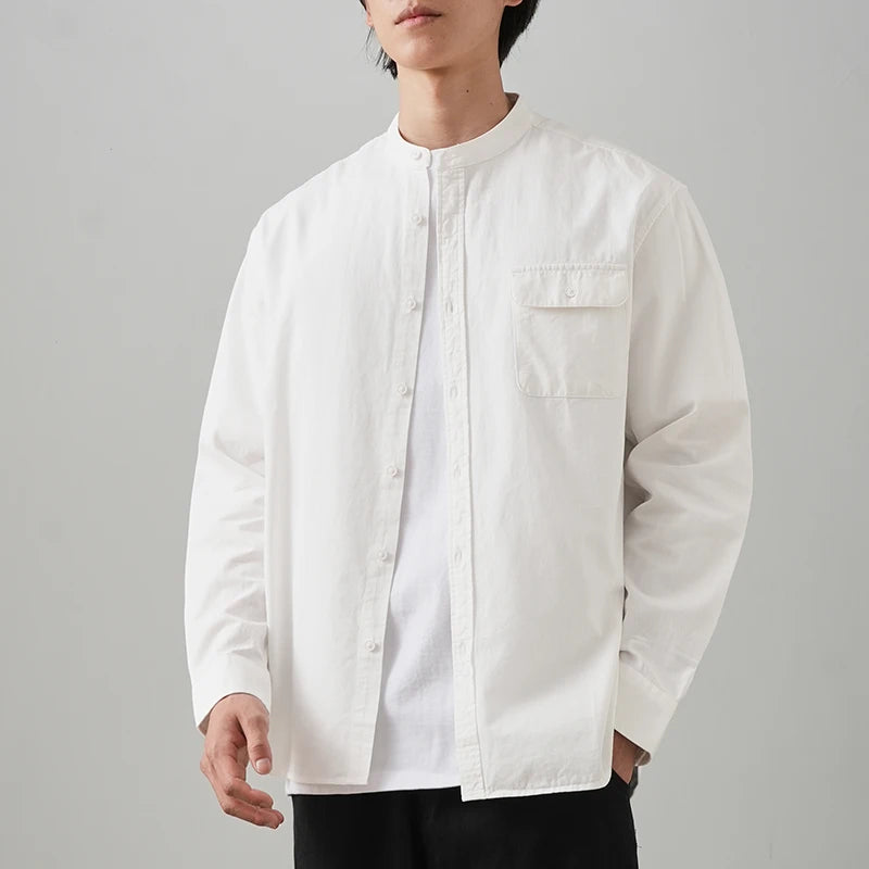 DUKEEN Stand Collar Men's Shirt 2025 Spring and Autumn 100% Cotton Korean Style Long-Sleeve Casual White Tops Man Clothing