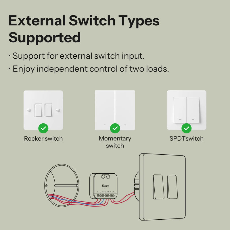 SONOFF MINI DUO 2-Gang Matter Over WiFi Smart Switch MINI-2GS Dual-Load Control Detach Relay Mode Works with Alexa Google Home
