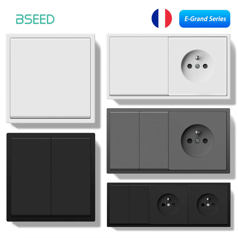 BSEED Mechanical Button Switch 1/2Gang 1Way With Wall French Socket Wall Light Switch Plastic Frame Switch On Off Black Color
