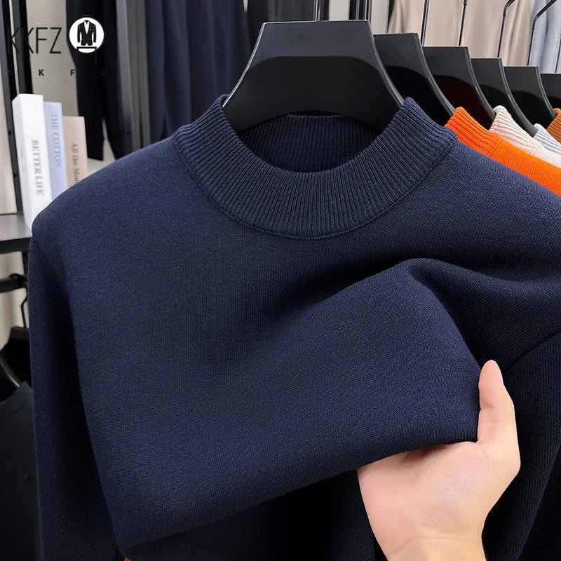 Soft Knitted Half High Neck Sweater Men Full Fleece Lined Thermal Pullover Breathable Long Sleeve Outfit For Fall Winter