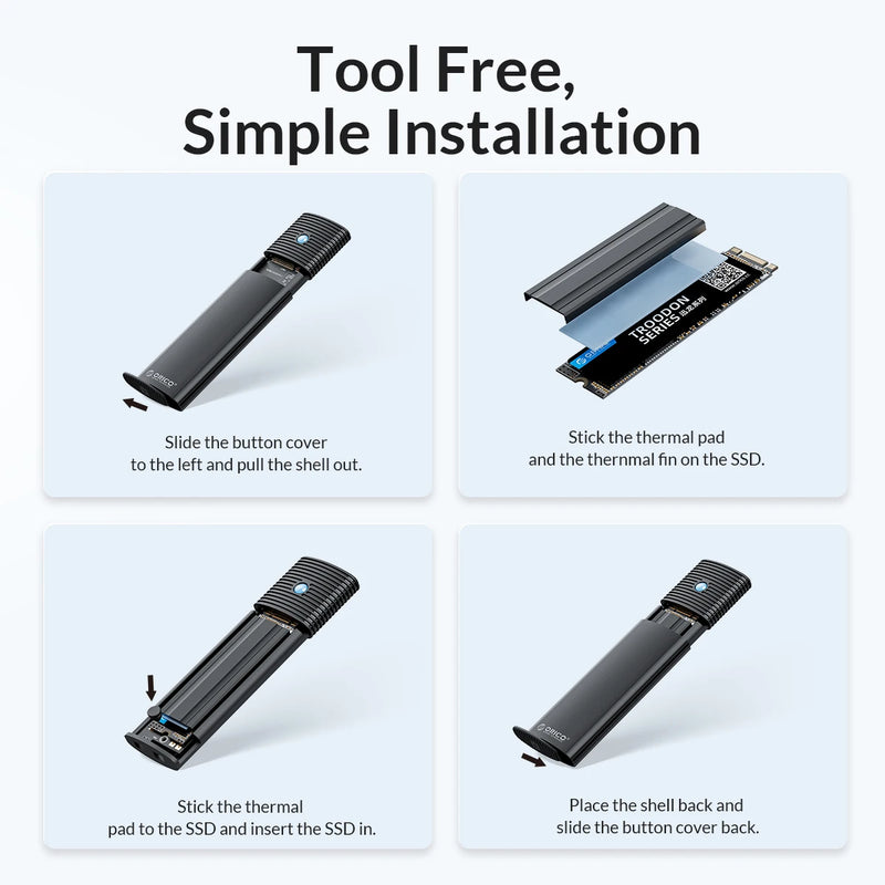 ORICO M2 SSD Enclosure NVMe NGFF 10Gbps PCIe M.2 SSD Case Portable USB C 3.2Gen2 Tool Free External Adapter with Metal Heat Sink