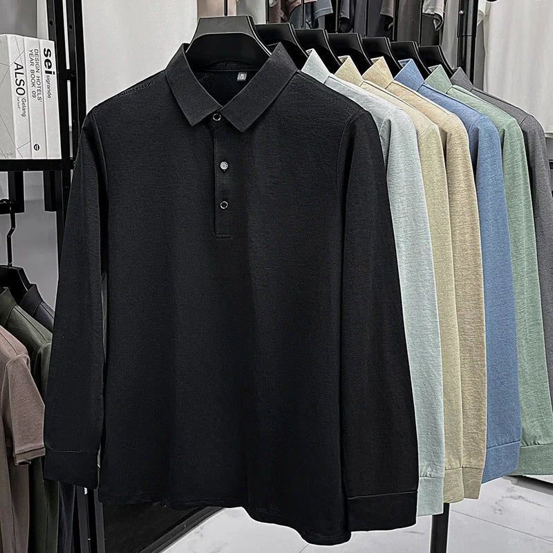 Mens Lapel Collar Long Sleeve Polo Top Heathered Texture Wrinkle Resistant Fabric Casual Office Matching Garment