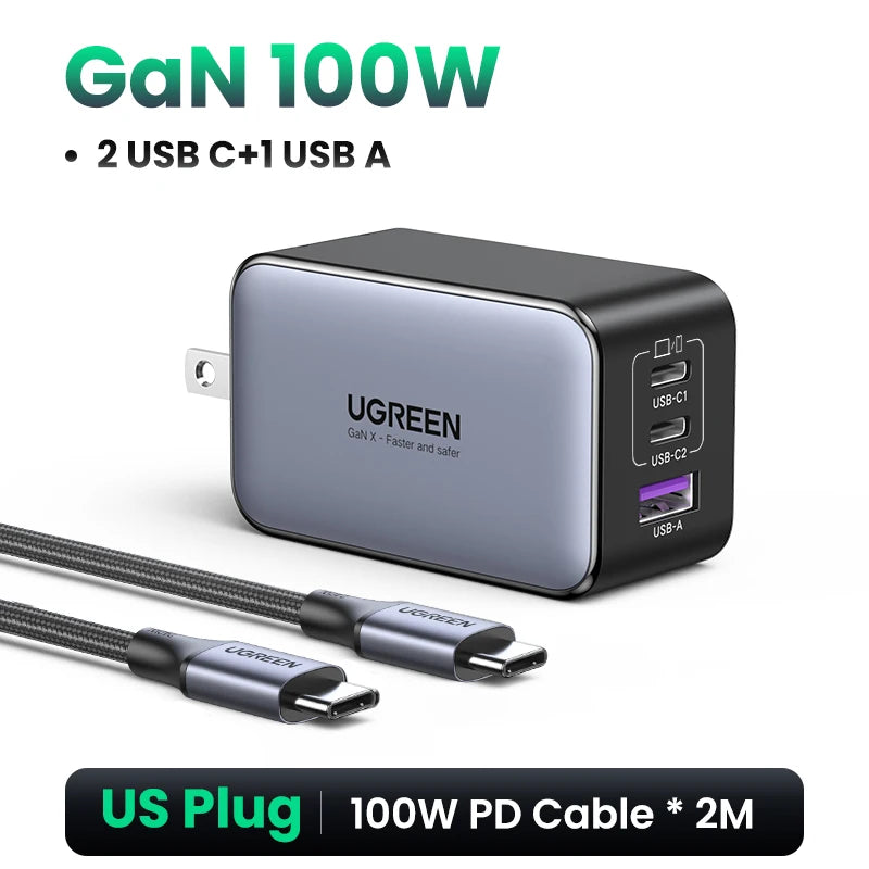 UGREEN 100W GaN Charger USB C Charger QC4.0 3.0 Quick Charge For Macbook Air Laptop Tablet PDFast Charger For iPhone 17 16 15Pro