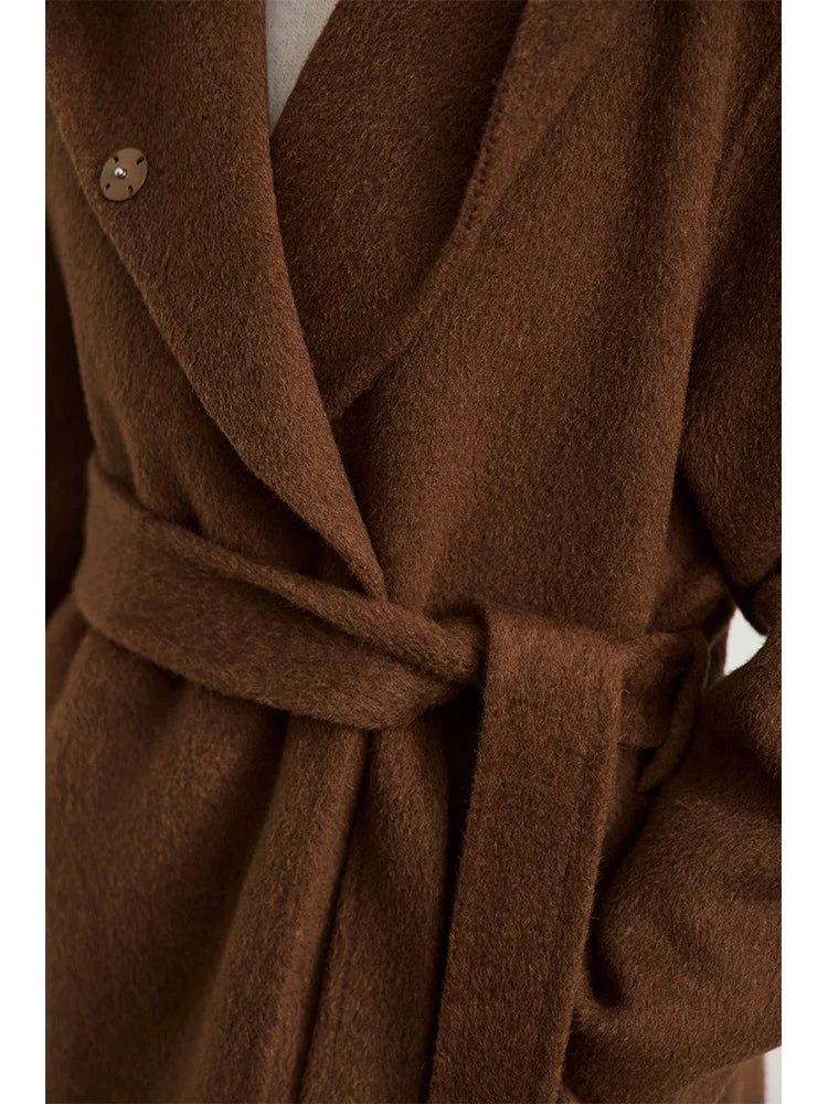 AMII Minimalist Women's Camel Wool Coat Female 2026 Warm Winter Coat Female Hooded Loose Elegant Long Jacket With Belt 12444125