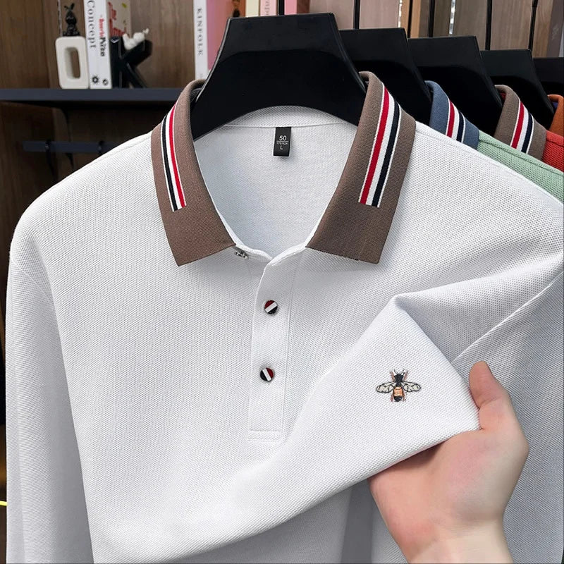 High Quality 100% Cotton Man Long-Sleeved Polo Shirt Lapel Button Color Blocking Bee Embroidery Autumn New Leisure Men's Wear