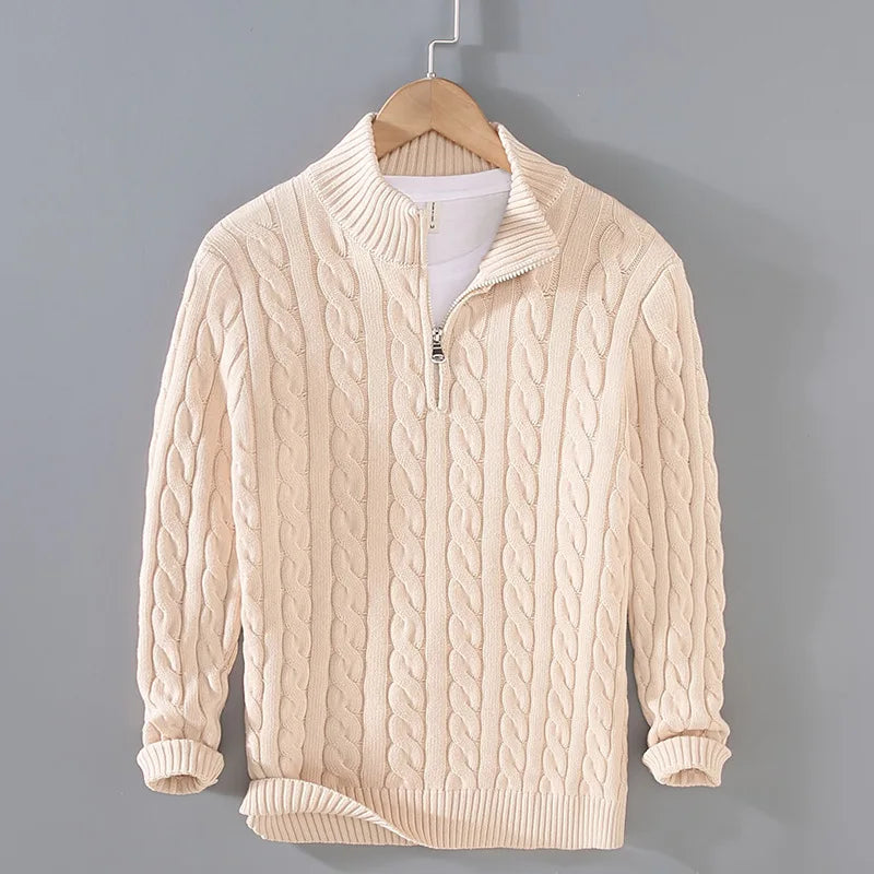 Men's Cable Knit Half Zip Sweater Fall Winter Warm High Neck Pullover 100% Cotton Stretch Knitwear