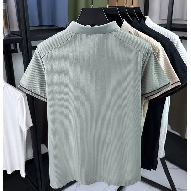 Men's Summer Polo Shirt - Striped, Zip Front, Cooling Fabric Breathable, Sweat-wicking, Casual Daily T-shirt