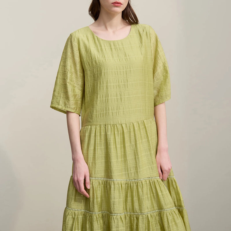 Amii Long Dresses 2026 Summer New Round Neck Mid Sleeve Tiered Skirt Casual Loose Fit Asymmetric Hem Dress For Women 12642118