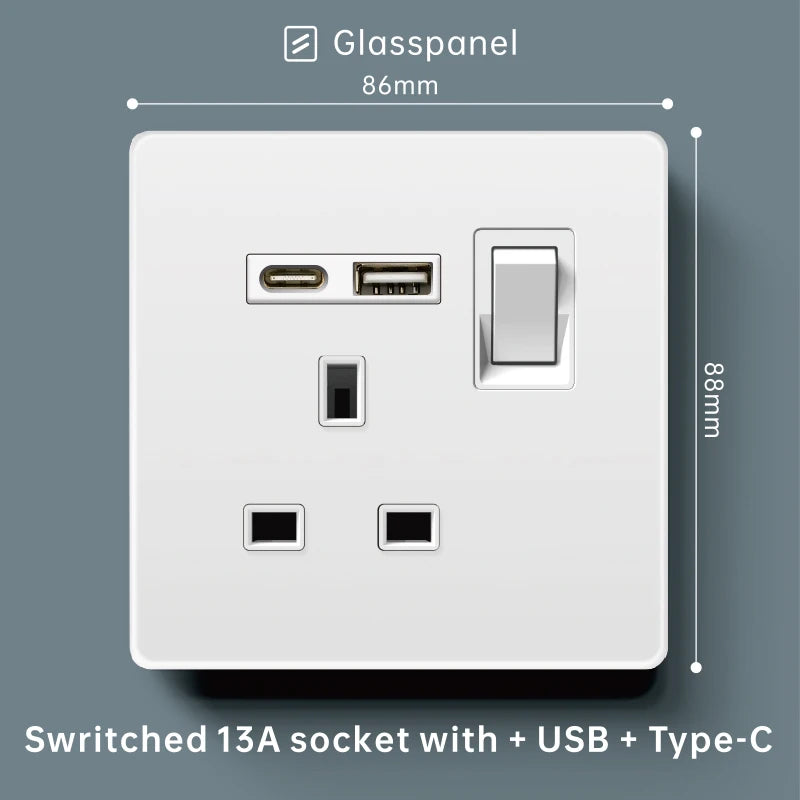Luxury Skin Feeling Glass Wall Light Switch Button White UK Plug 13A Universal Wall 18W Type-C Fast Charging Socket