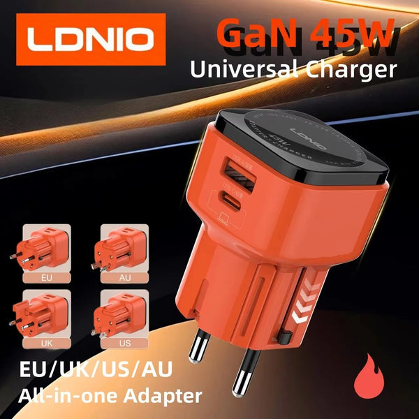 LDNIO PD 45W ឧបករណ៍សាកថ្មទូរស័ព្ទជាសកល All-in-one ឧបករណ៍សាកថ្មលឿនសម្រាប់ទូរស័ព្ទចក្រភពអង់គ្លេស EU សហរដ្ឋអាមេរិក AU សម្រាប់ iPad iPhone 16/15/14