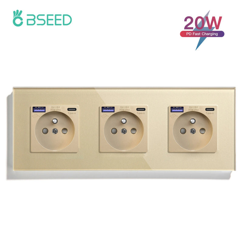 BSEED French Standard 20W Fast Charge Port Wall Power Socket Double France USB Type-C Electrical Outlets Crystal Glass Frame 16A