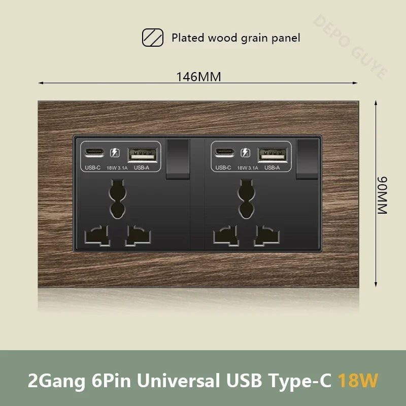 UK 18W Type-C Quick charge Dual Power Outlet,Universal Retro Wood Grain Electrical USB Socket,220V Electrical  Wall Light Switch
