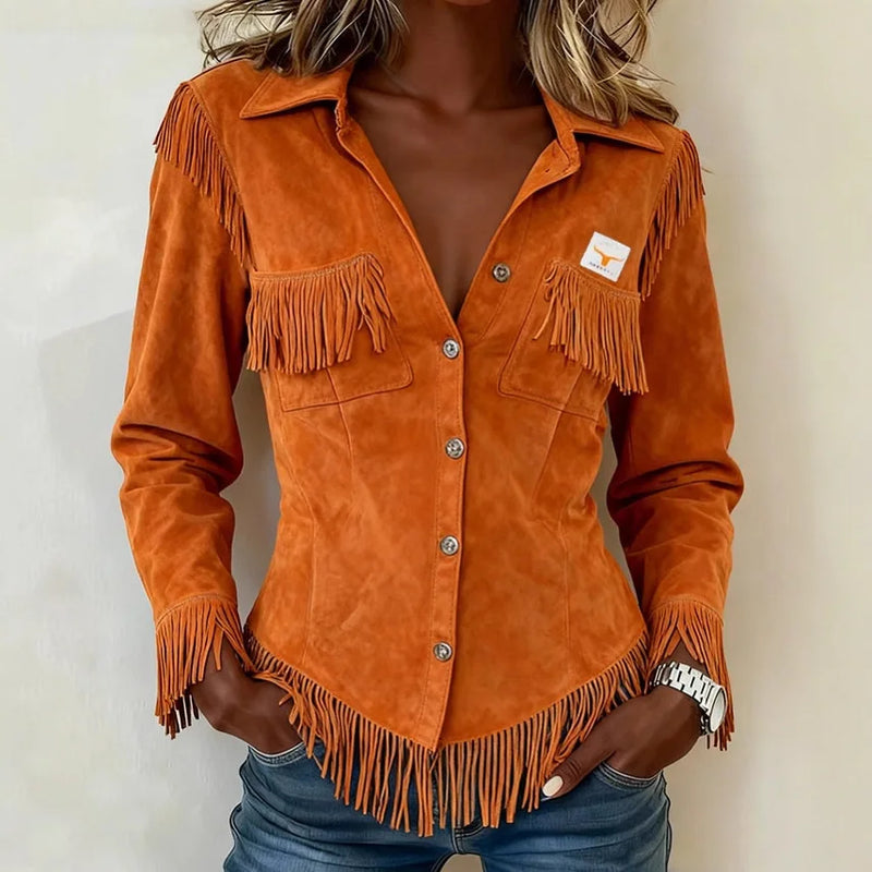 Women's Brown Long-sleeve Collared Shirt with A Slight Stretch, Made of Corduroy Fabric; Available in White or Gray.