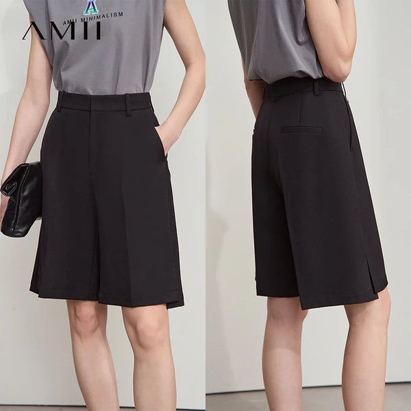 Amii Minimalist Straight Shorts for Women 2026 Summer Solid Commute Suit Shorts Pocket Loose Casual Five-point Pants 12512015