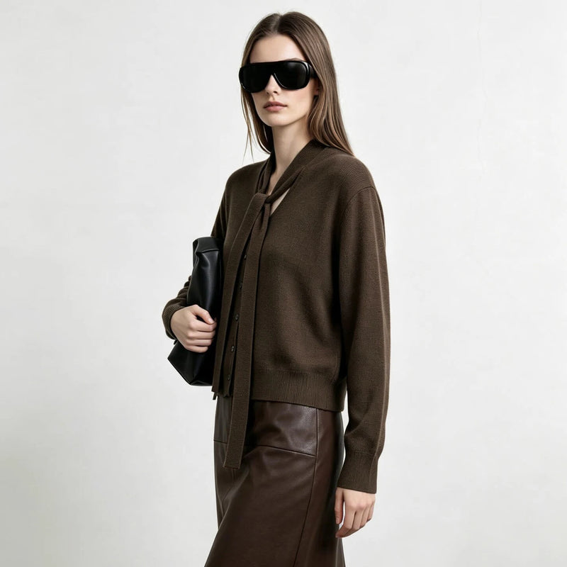 Amii Cardigan Loose Fit V-Neck Tie Detail 2026 Autumn New Office Elegant Single Breasted Long Sleeve Knitted Woman Tops 12643068